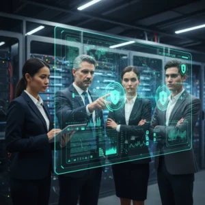 Gráfico representando a Segurança Corporativa como um escudo protetor para servidores e dados empresariais. Ilustra a defesa contra ataques digitais.