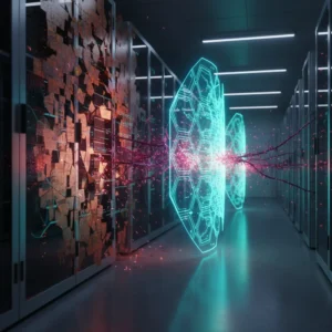 Ransomware Modernas atacando um firewall desatualizado, simbolizando a vulnerabilidade de sistemas de segurança legados.